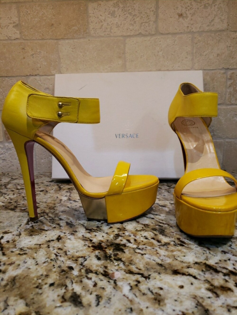 Versace Yellow Patent Platform Ankle-Strap Heels - Picture 1 of 12